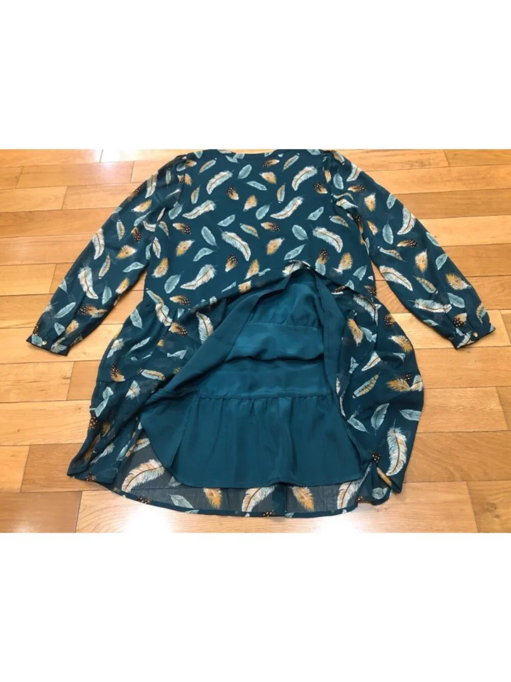 NWT Loft Turquoise Feather Print Drop Waist Dress Sz S Flowy Boho Chic Elegance